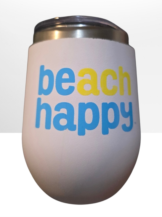 CeCe Other - Beach Happy Insulated Tumbler - White with Blue & Yellow Text 12 Oz Double Wall